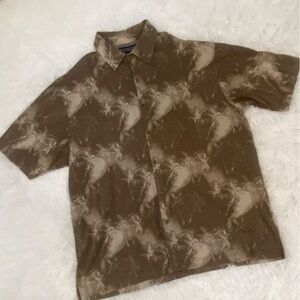 Roundtree & Yorke Brown floral palm tree Short Sleeve Button-Up XL